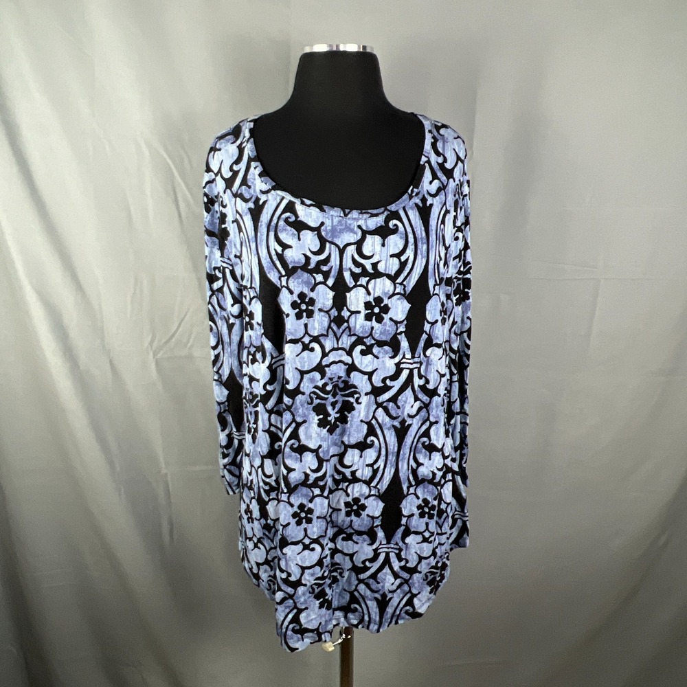 JM Collection Tunic Top Womens XL Blue Black Damask Print Stretch Scoop Neck